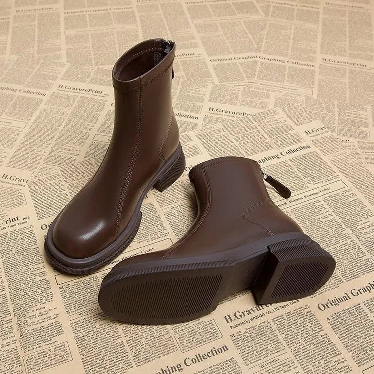 Women's thick heel flat ankle boots with back zip in black or brown colours
