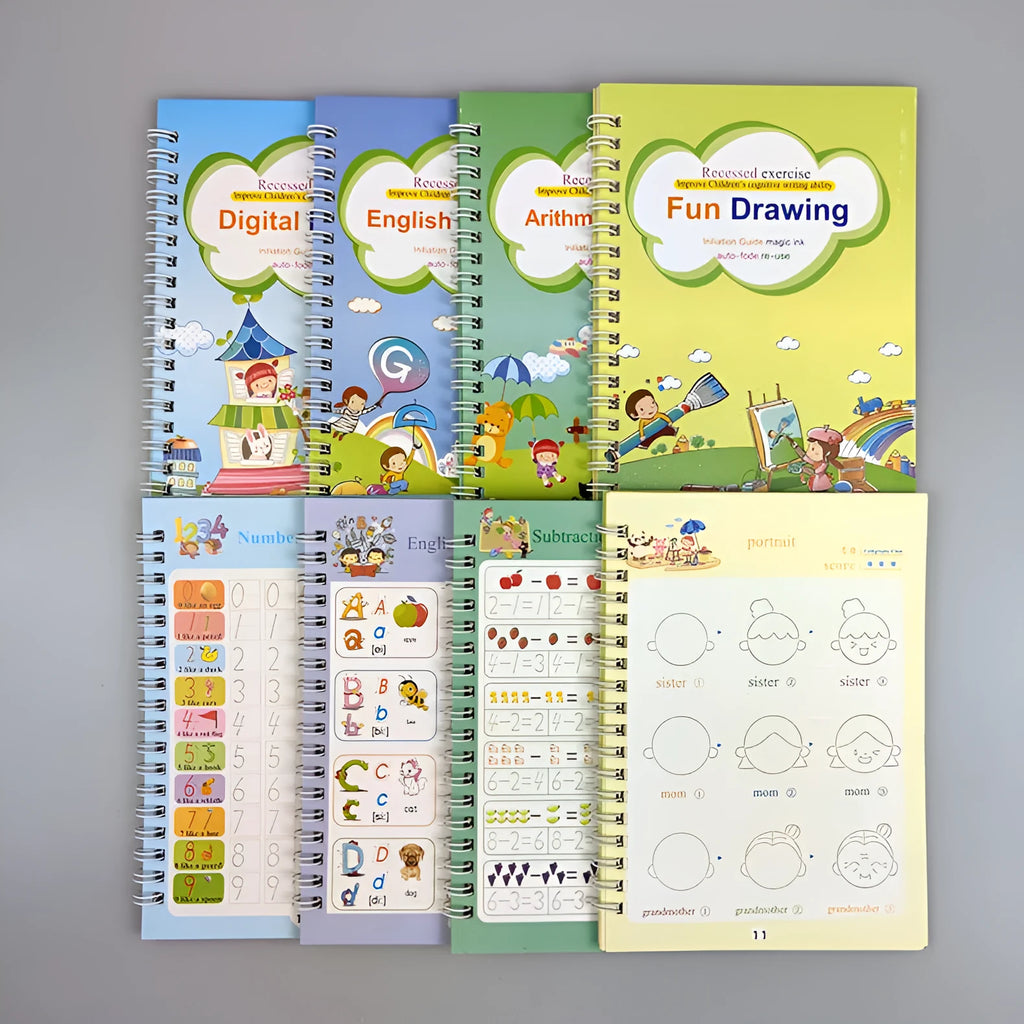 Magic stylus calligraphy copybook set for children with four practice books and pen.