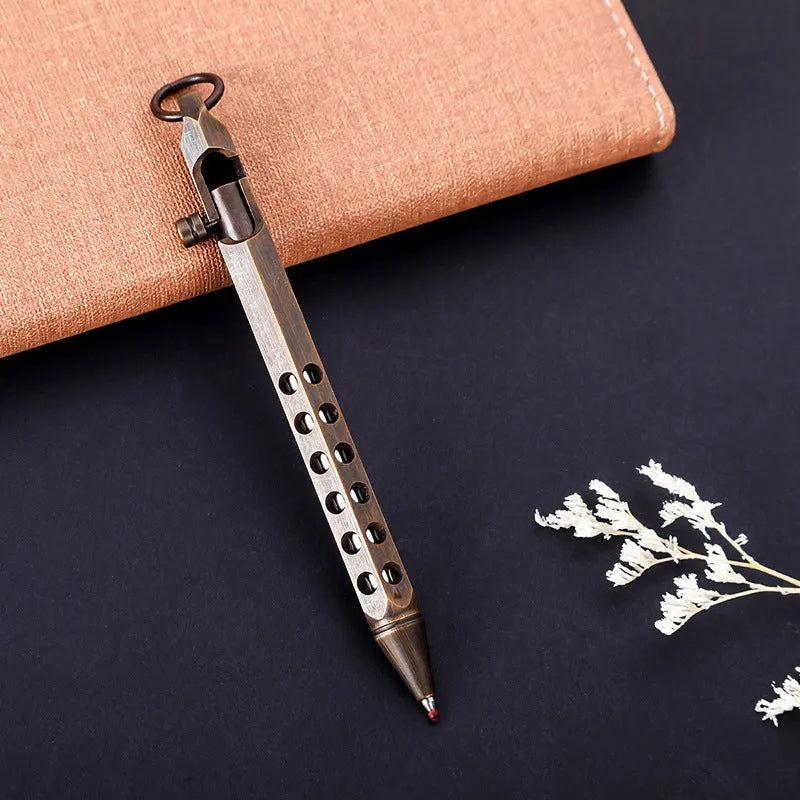 Brass hexagonal bolt roller pen showing six-angle construction with 0.5mm tip