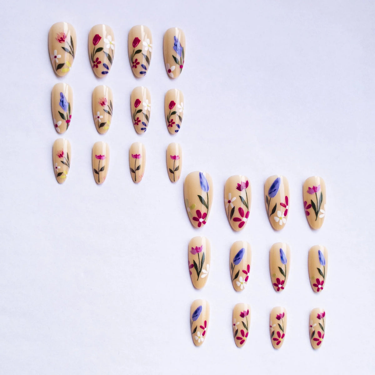 Almond-shaped removable nail art with rose and tulip floral patterns in European and American styling