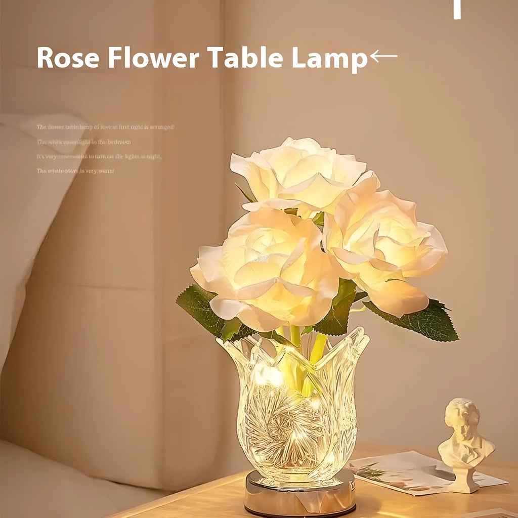 Modern clear crystal flowers USB rechargeable table lamp with touch dimming control on a wooden surface.
