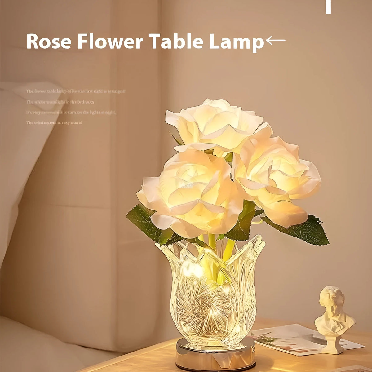 Modern clear crystal flowers USB rechargeable table lamp with touch dimming control on a wooden surface.