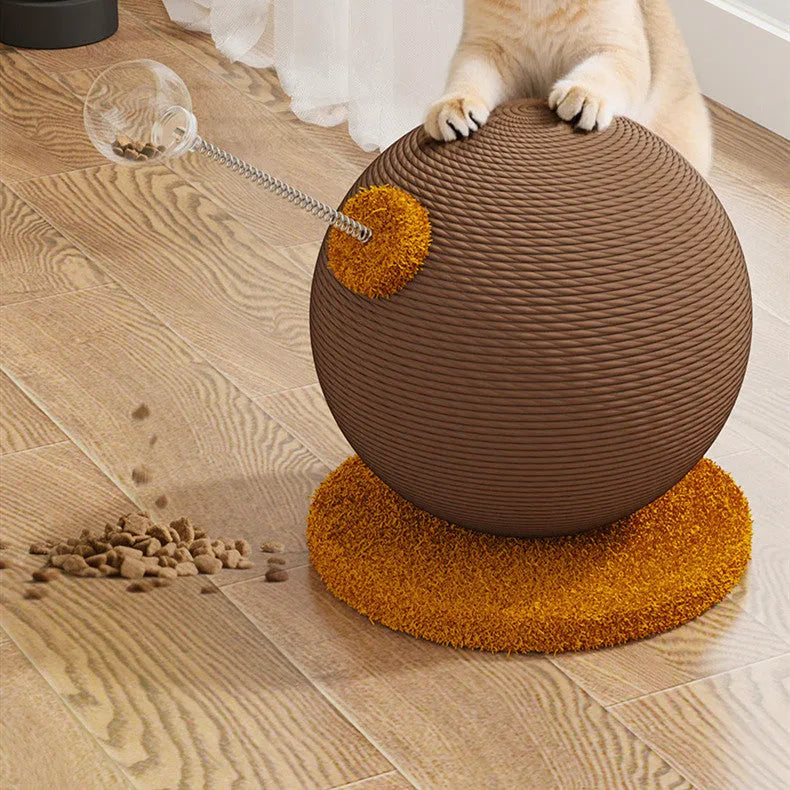 Jute rope cat scratching post with integrated catnip ball, available in large and small sizes.