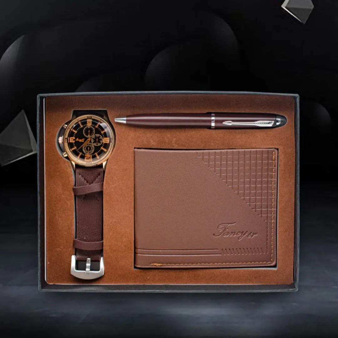 Brown and black gift set box containing a watch, a leather-look wallet, and a pen for business or personal gifting.