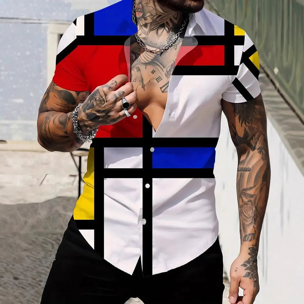 Men's slim fit geometric print short sleeve polyester shirt laid flat, showing lapel and cardigan style.