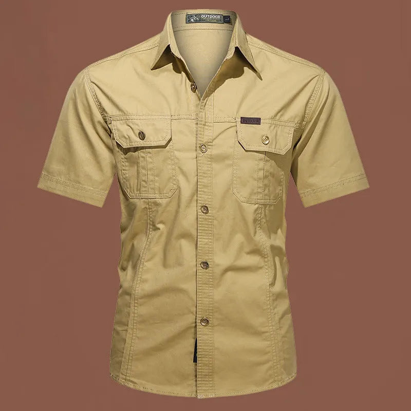 Men's short sleeve cotton work shirt in a loose cardigan style, shown in various colours including army green and blue.