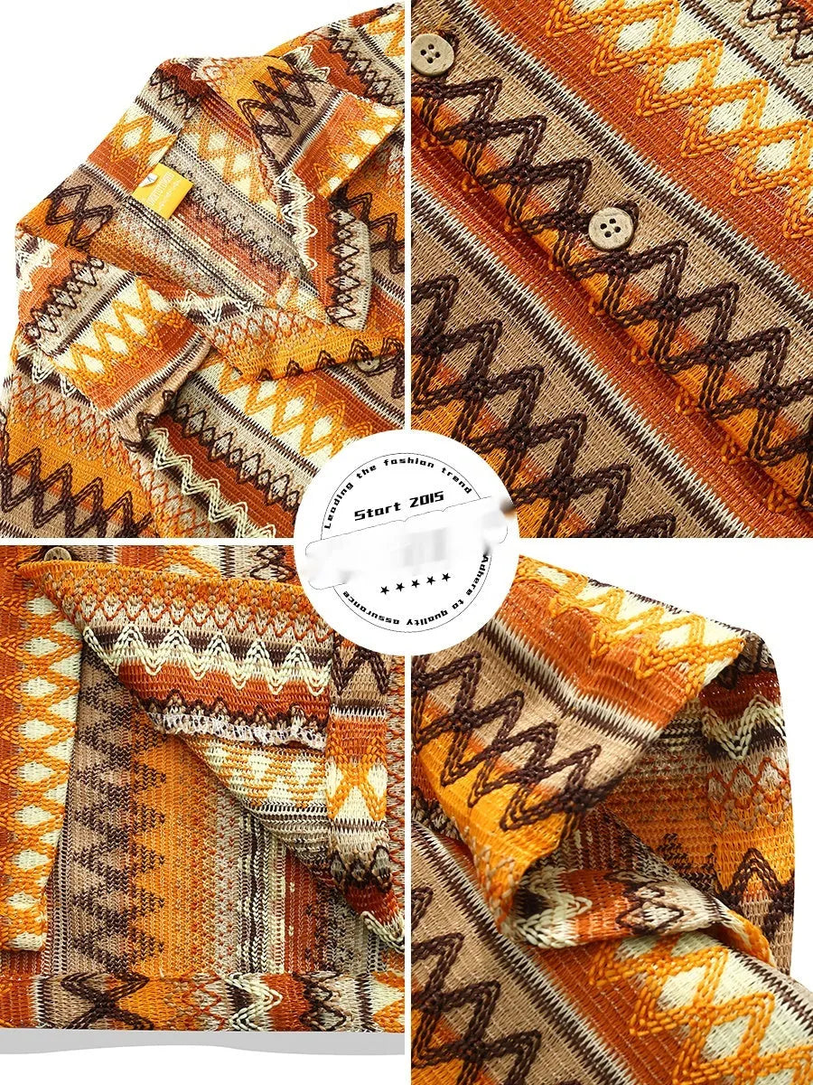 Ethnic style woven Cuban collar shirt with contrast colours and drop-shoulder sleeves