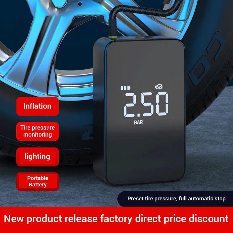 Compact black digital tyre inflator pump with screen, lithium battery, hose and four air nozzles on a grey background.