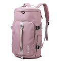 Waterproof convertible gym backpack with separate shoe compartment showing front pockets and combination lock