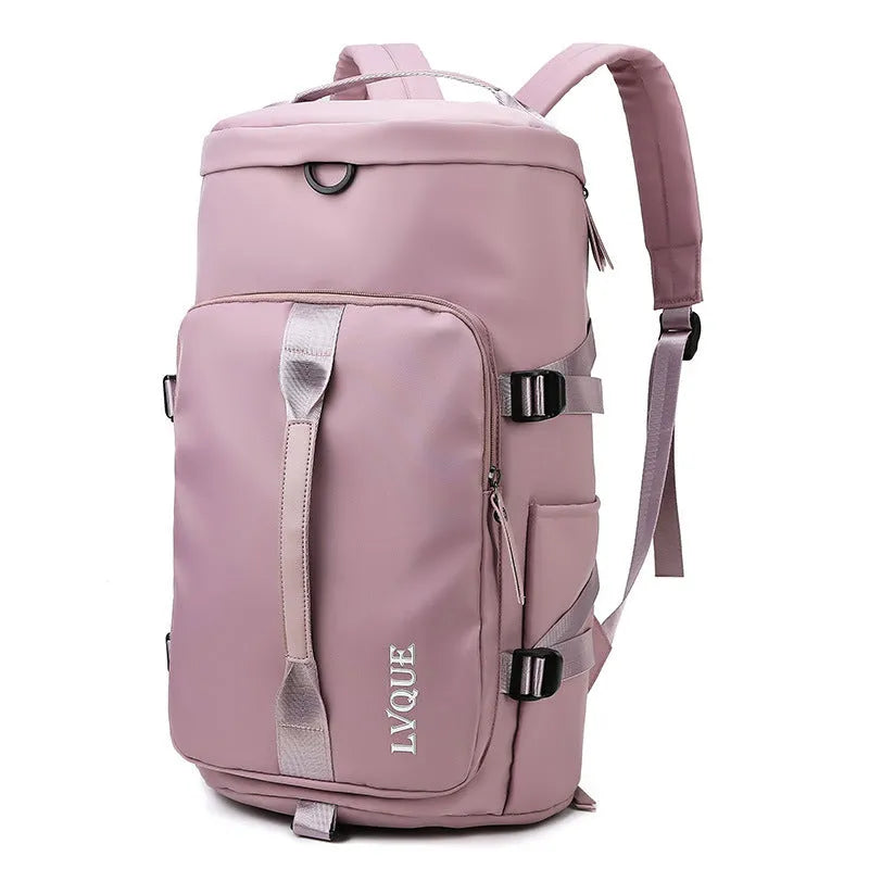 Waterproof convertible gym backpack with separate shoe compartment showing front pockets and combination lock