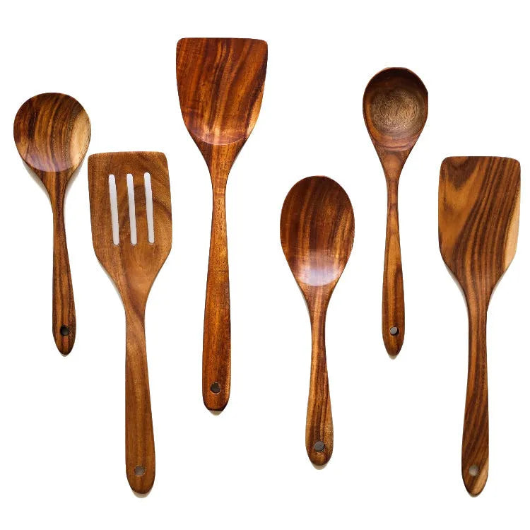7-piece wooden cooking utensil set with natural wood finish including various spoon and spatula designs