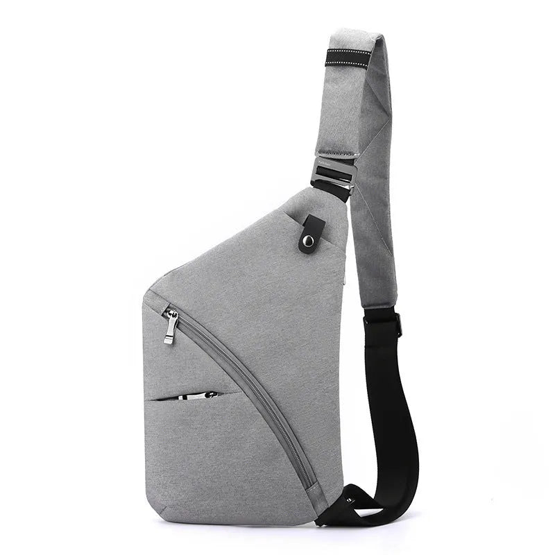 Black Oxford cloth men's chest bag with one shoulder strap and urban letter detail.
