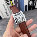 Square quartz tank watch for men with 36mm dial, 11mm alloy case, PU strap, and silver shell colour