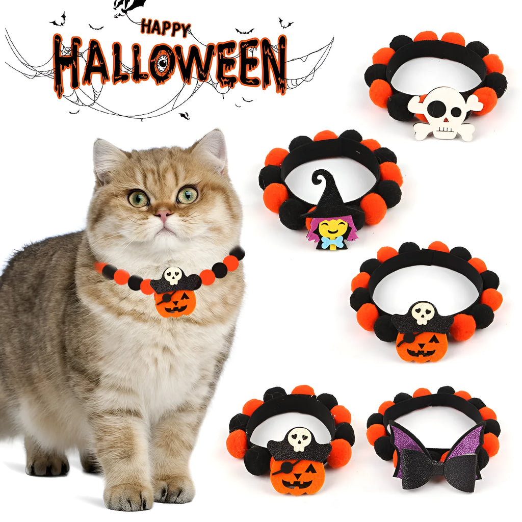 Halloween pet collar with fur ball decoration in pumpkin, skull, witch, and bow designs.