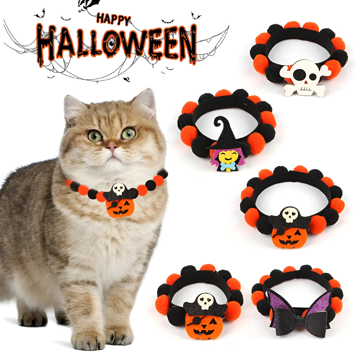 Halloween pet collar with fur ball decoration in pumpkin, skull, witch, and bow designs.