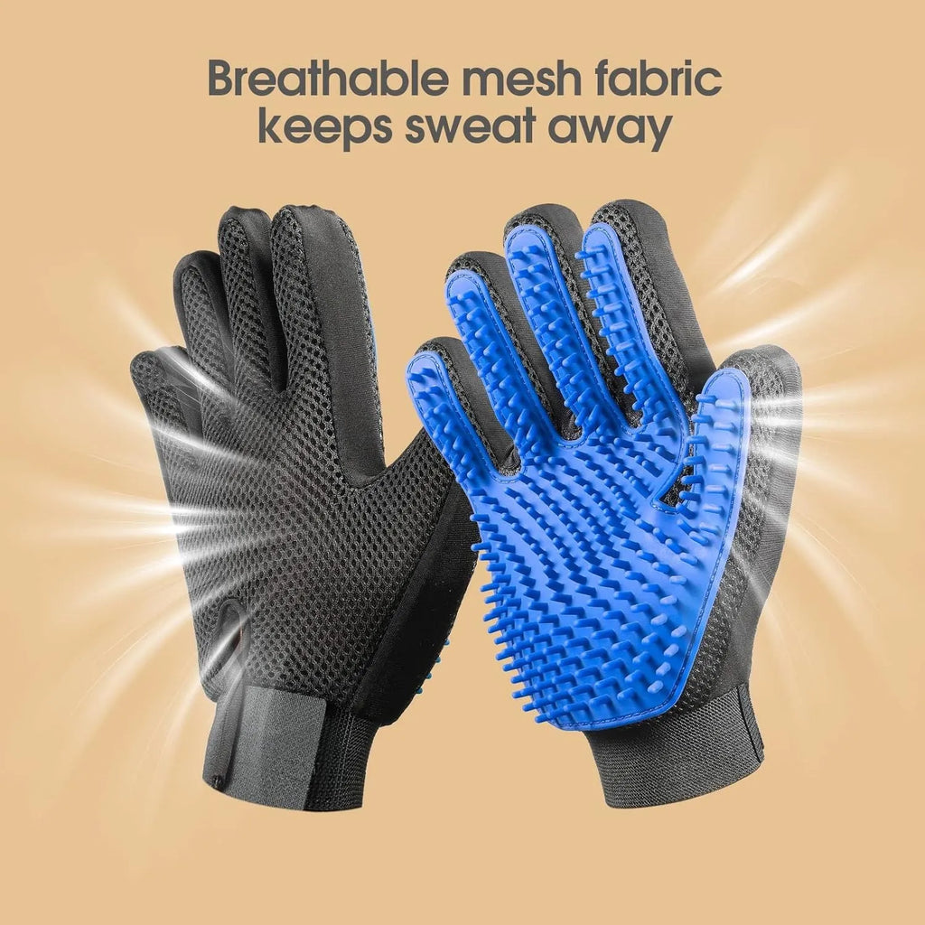 Blue pet grooming gloves with silicone tips for dog cat horse hair removal