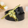 Men's black imitation leather belt with a detailed alloy cow head buckle and pin-buckle fastening.