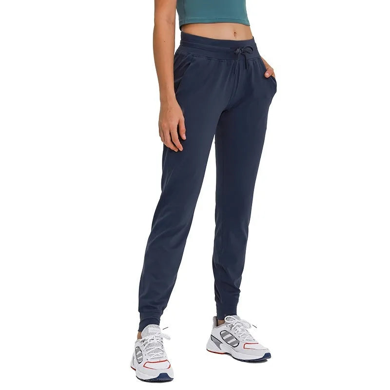 Women's high waist yoga pants with drawstring in cotton blend fabric multiple colours