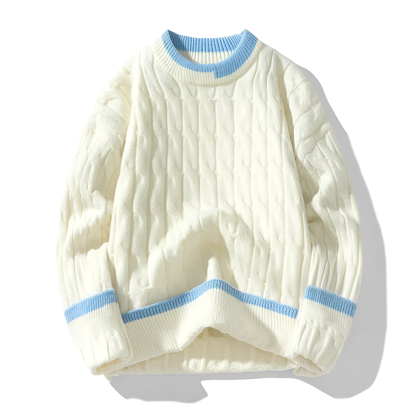 Two loose fit men's long sleeve pullover sweaters folded, shown in light blue and grey colour options.