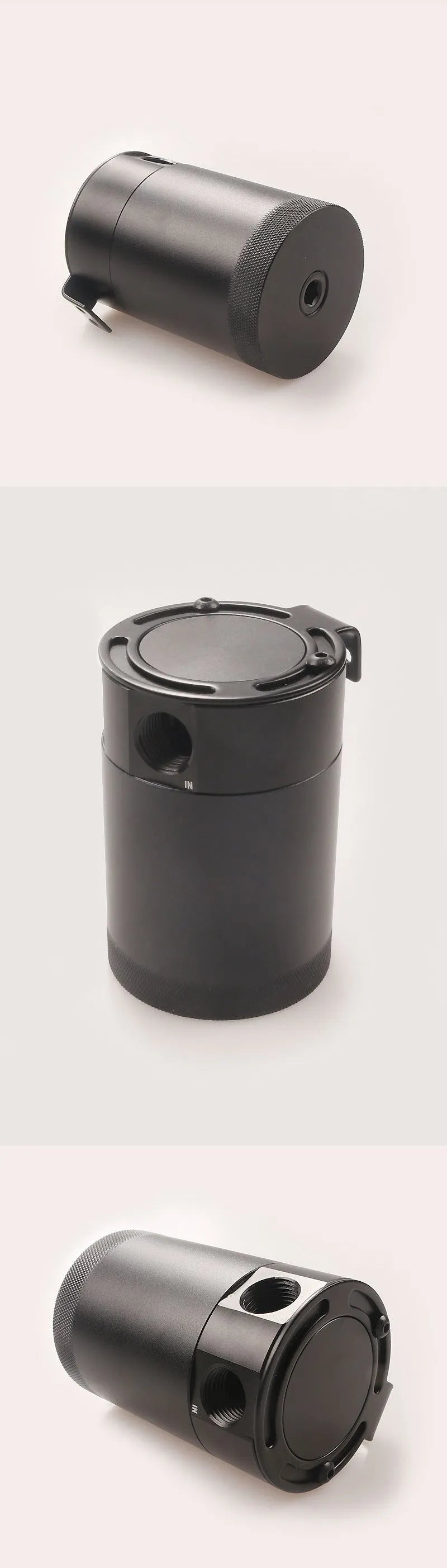 Automotive aluminium oil pot with two-hole breathable design and oil-free valve in black finish