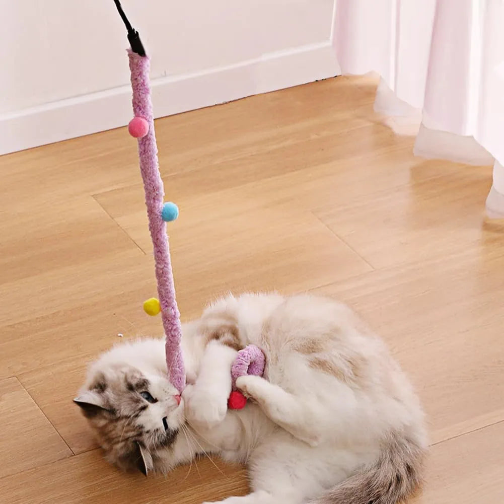 Interactive cat wand toy with blue plush strip, fluffy ball, and bells on a 41cm pole