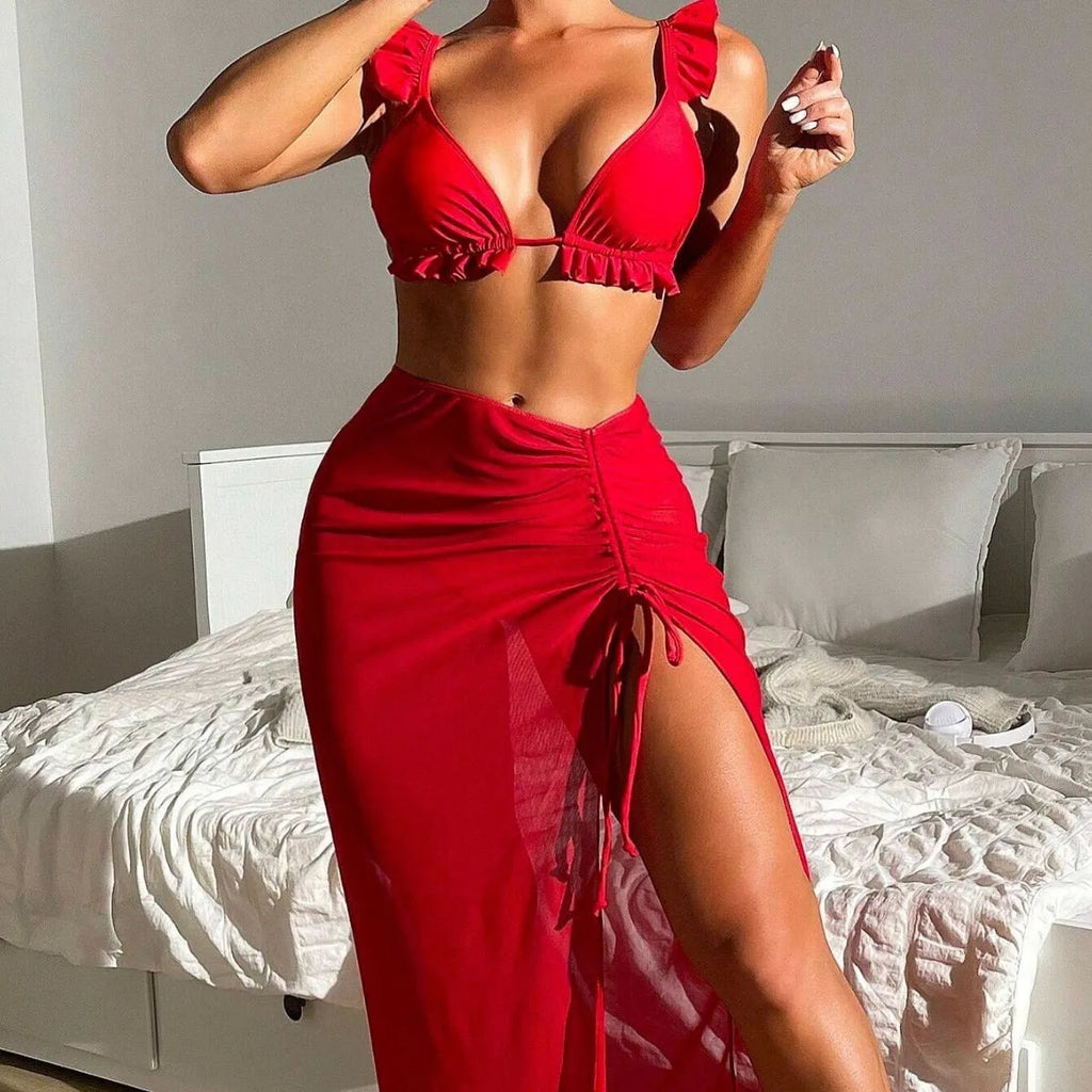 Women's three-piece bikini swimsuit set with coordinating skirt in various colour options