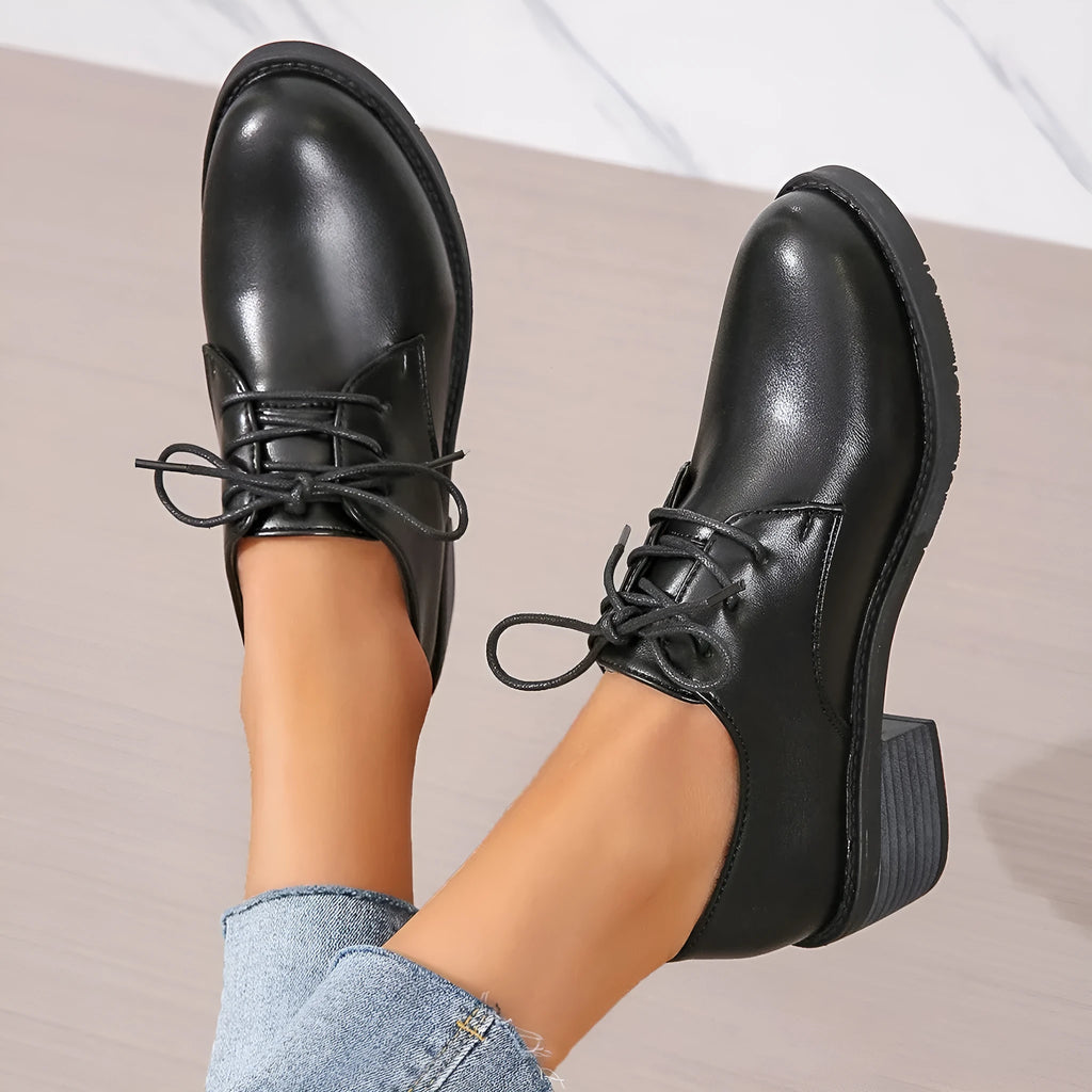 Black women's professional work shoes with thick chunky heel and soft sole