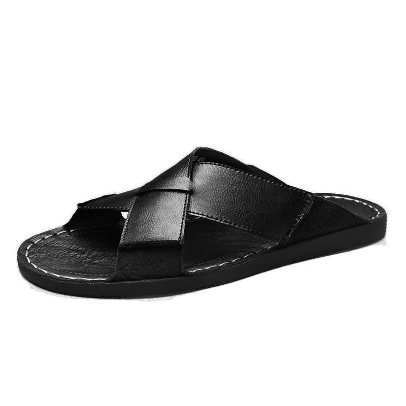 Men's black and brown genuine leather casual slip-on sandals with rubber sole