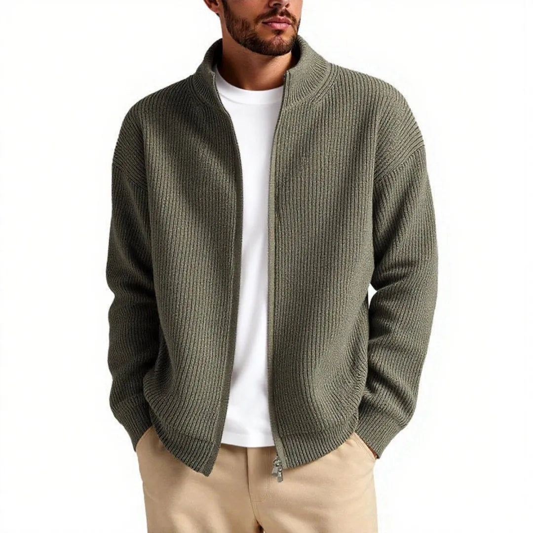 Loose men's cardigan sweater coat in chemical fiber blend available in milky white gray black navy blue and gray green for casual leisure wear