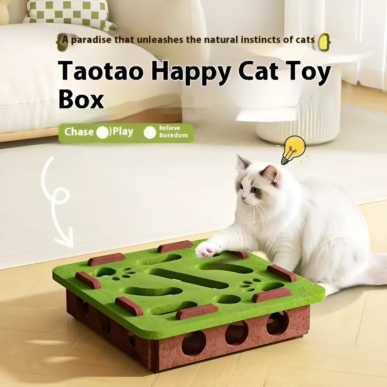 Green brown felt cat scratching toy box with internal maze holes measuring 30cm