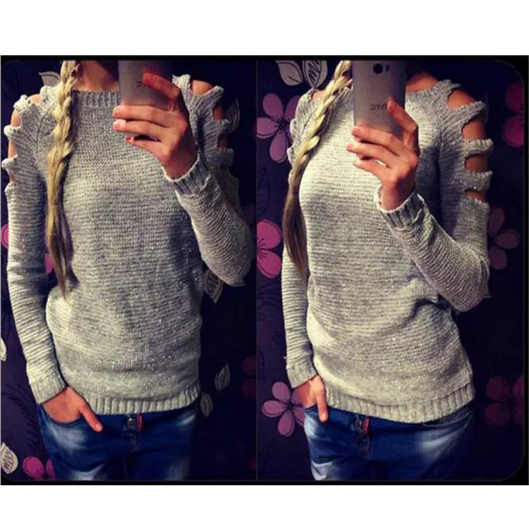 Women's white knitted shirt with hollow-out crochet detail on sleeves and body.
