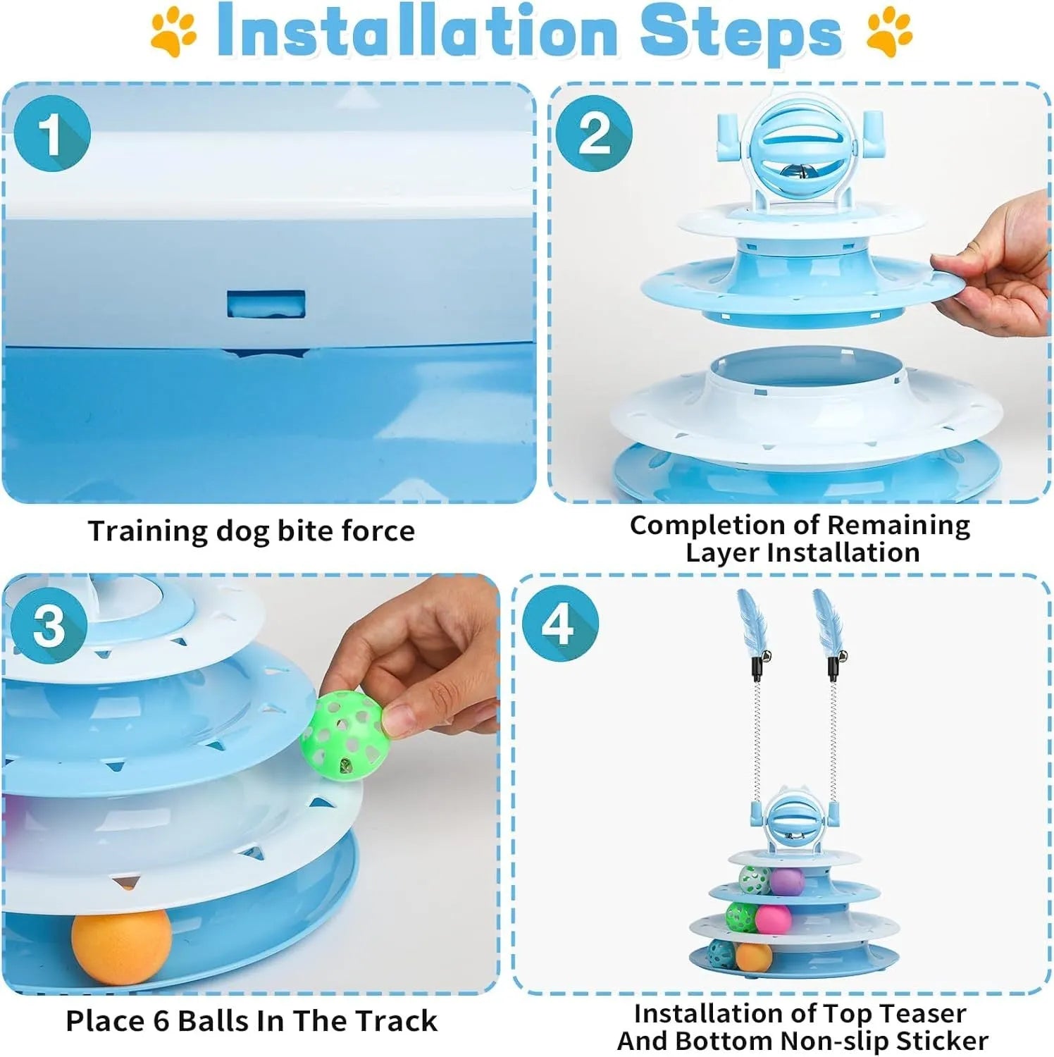 Blue 4-tier interactive cat toy with balls and teasing rods on a non-slip base.