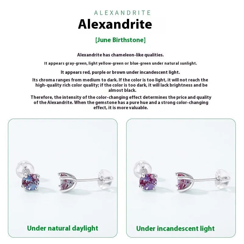 Women's silver ear studs with cultivated Alexandrite stone in geometric round design