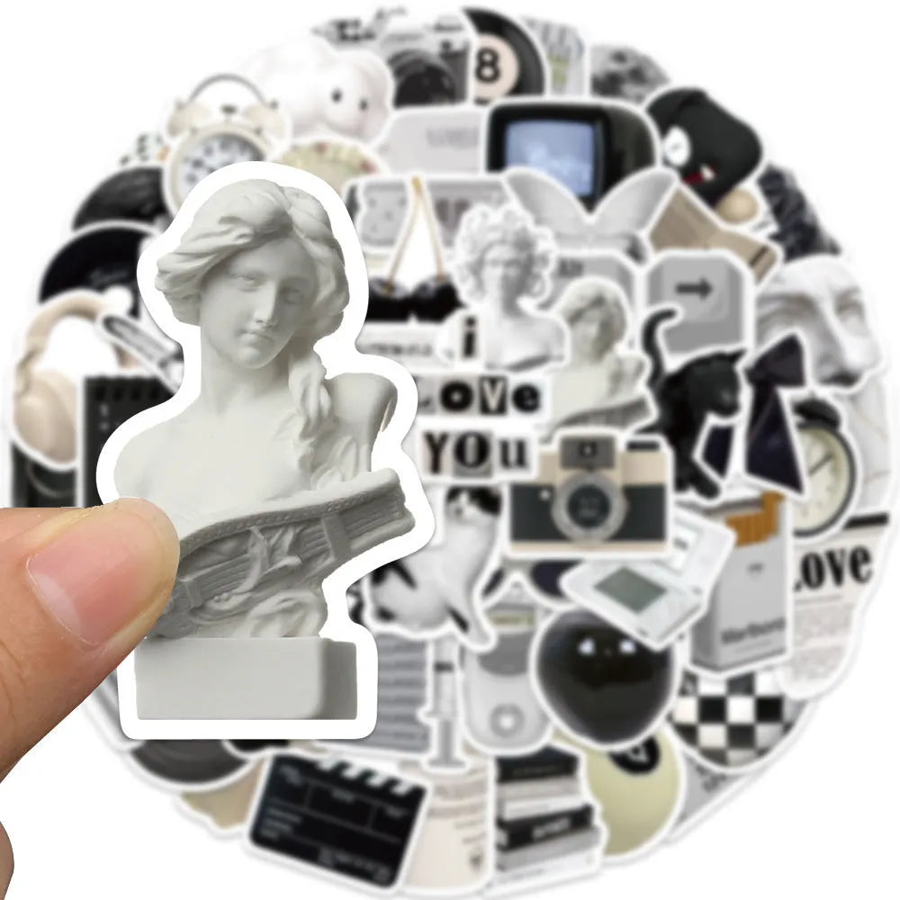 Black and white waterproof PVC sticker pack with coffee cup designs for laptops and phones