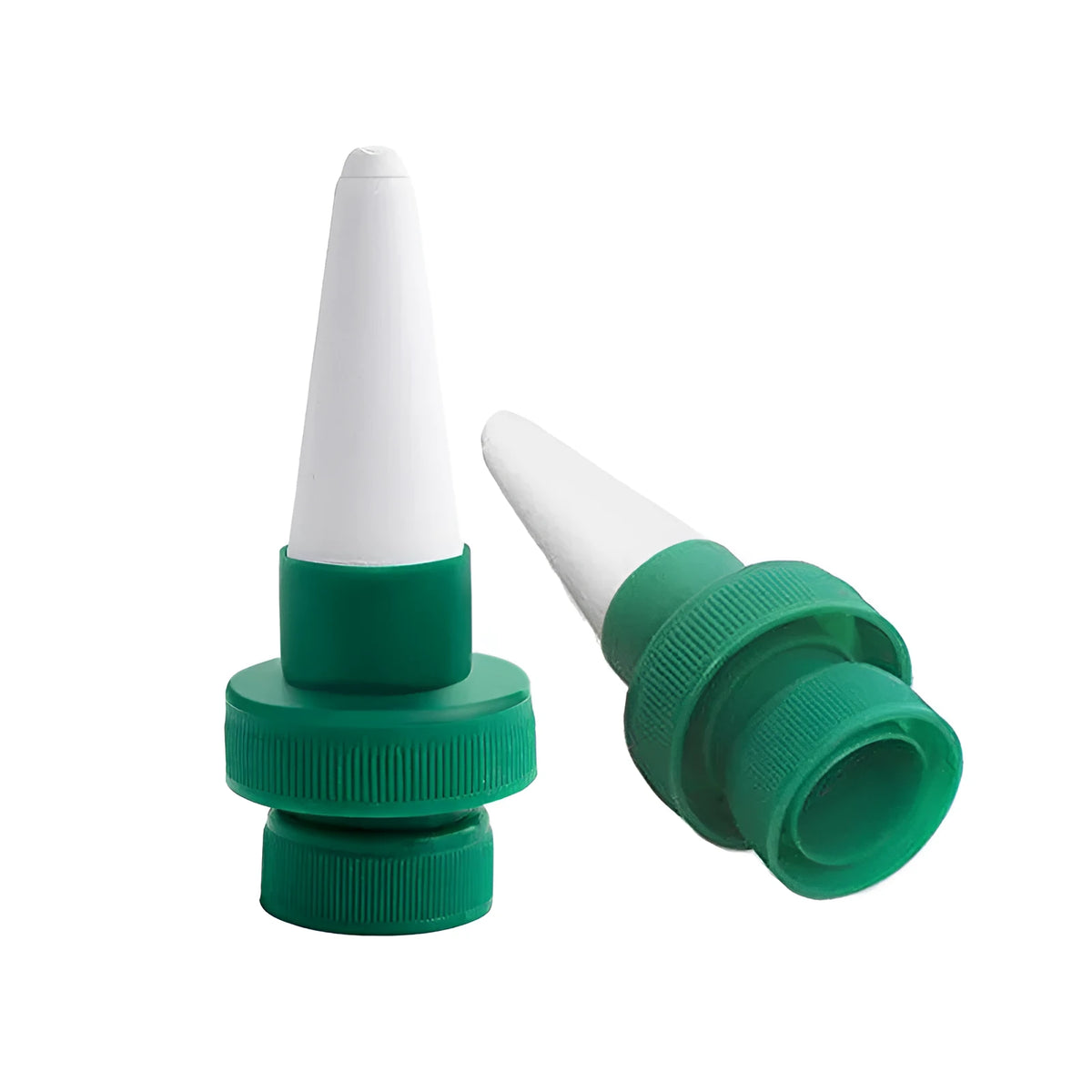 Green ceramic automatic plant watering dripper designed for use with a cola bottle.