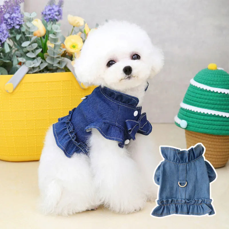 Blue denim pet dress with ruffles on the chest and a metal leash hook.