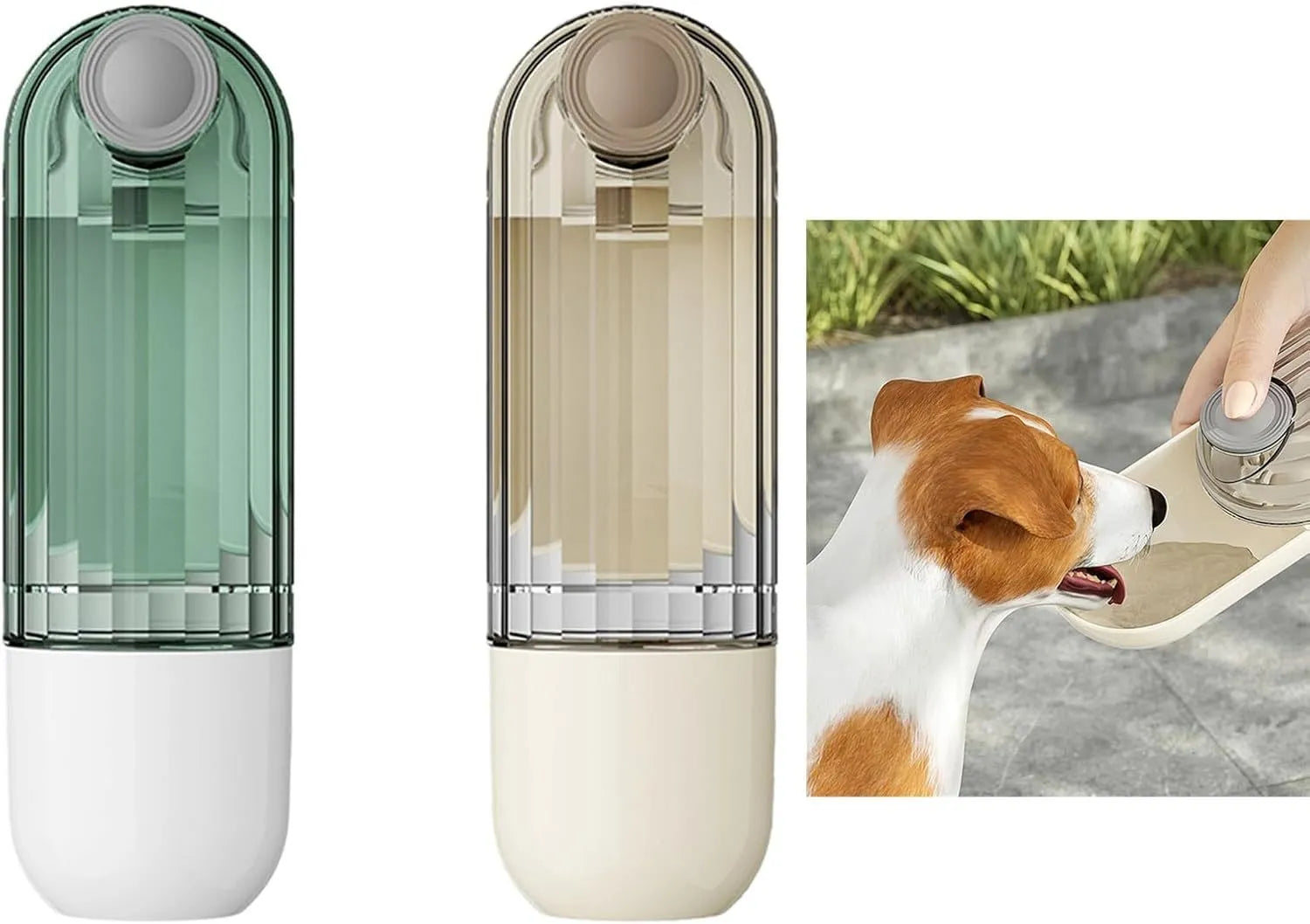 Folding dog water bottle with food dispenser in beige or green for outdoor pet activities