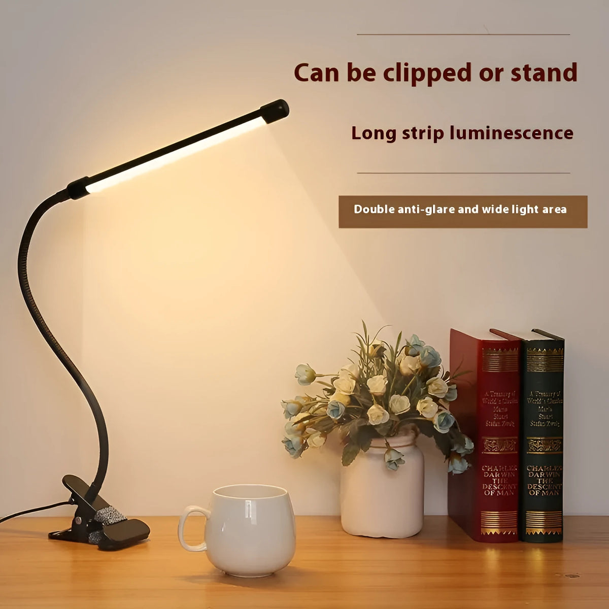 Black and white USB-powered LED desk lamp with 26cm length for student dormitories