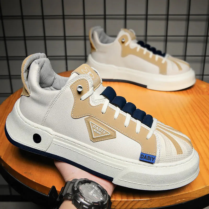 Men's beige low-top sneakers with elastic band fastening and leather stitching details