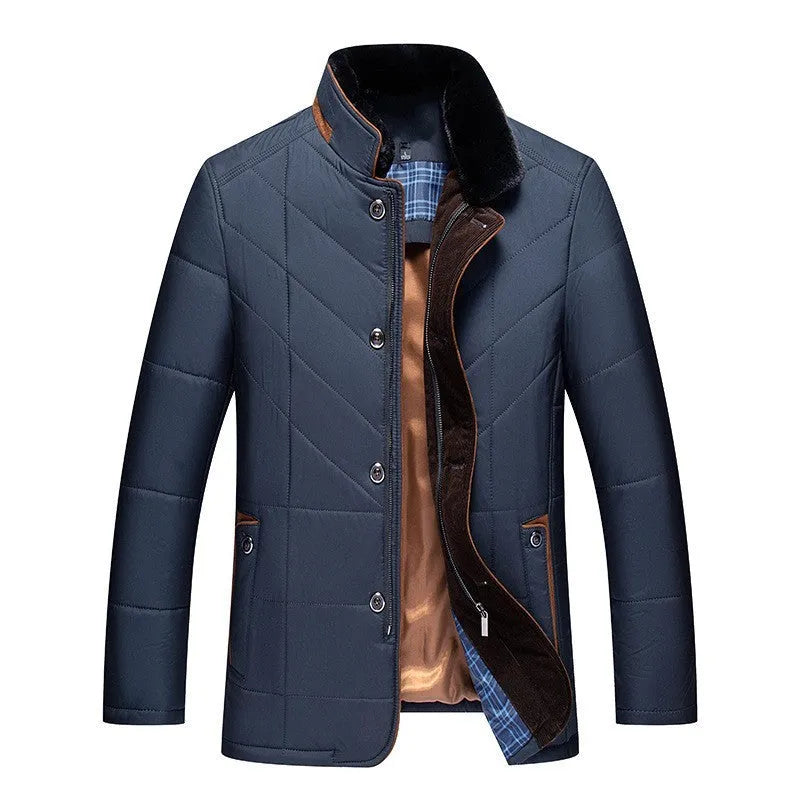 Men's solid colour winter short coat with side seam pockets, shown in dark blue.