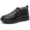 Men's black casual winter slip-on shoes with a waterproof PU upper and thick rubber sole.
