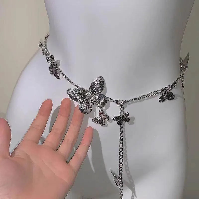 Butterfly waist chain in gold or silver alloy, 104cm length with single circle design