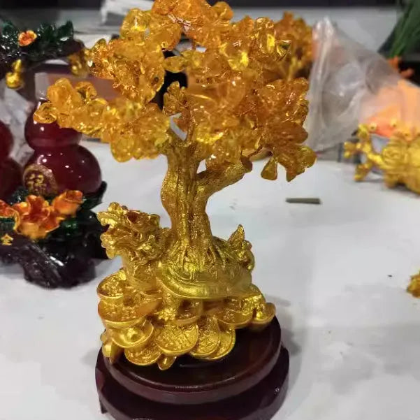 Citrine resin small water turtle money tree Feng Shui ornament measuring 18×11×23cm