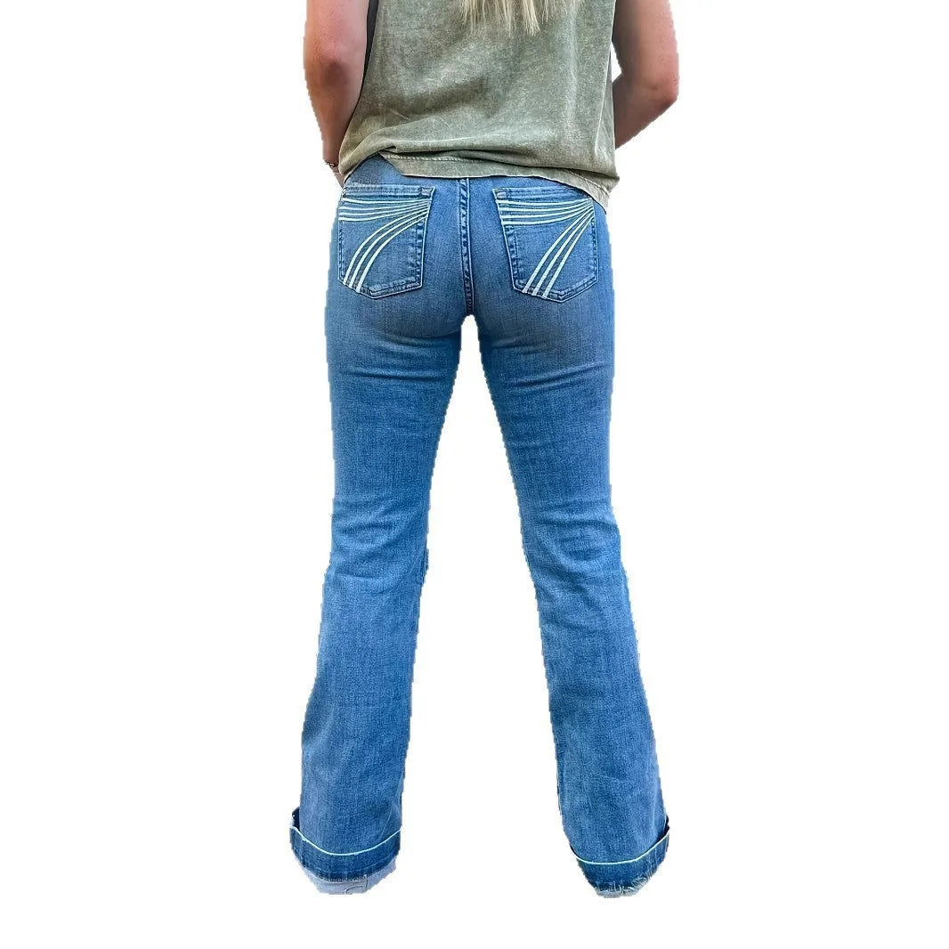 Slim fit mid-waist jeans with slight flare and embroidery detailing in blue, red, or white colour options