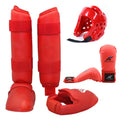 Red and blue martial arts protective gear set showing leg guards and a helmet on a white background.