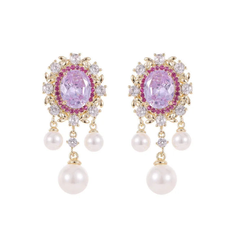 Copper oval earrings with zircon inlay and pearl tassels in light purple colour