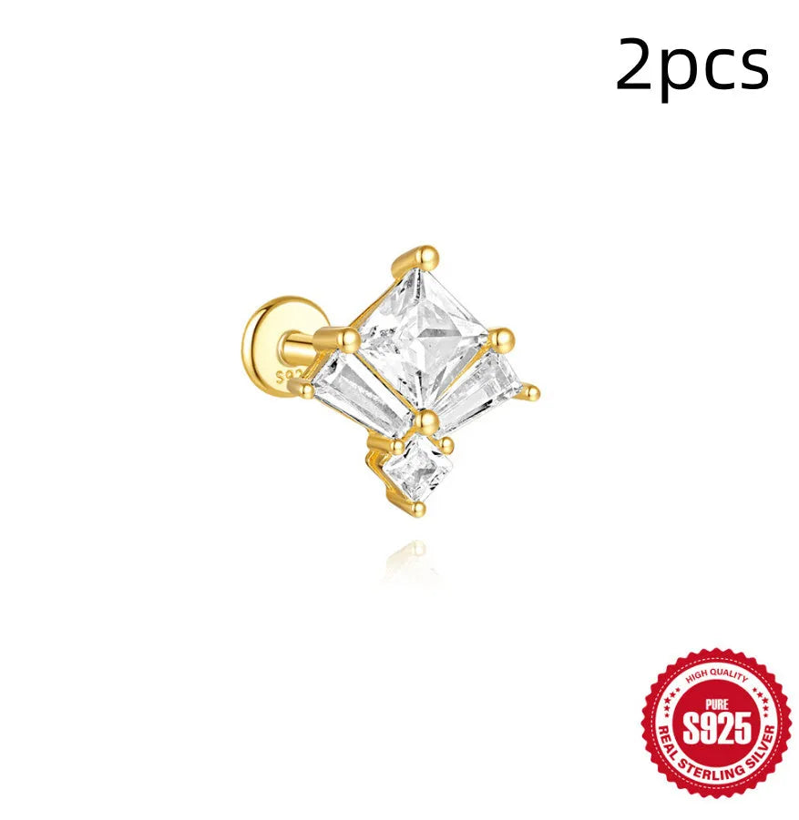 925 sterling silver double ear piercing stud earrings with zircon inlay in gold-tone colours