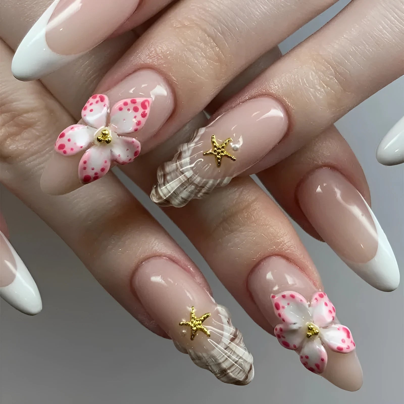 French style fake nails with rock pattern patches and simple flower W1764 design