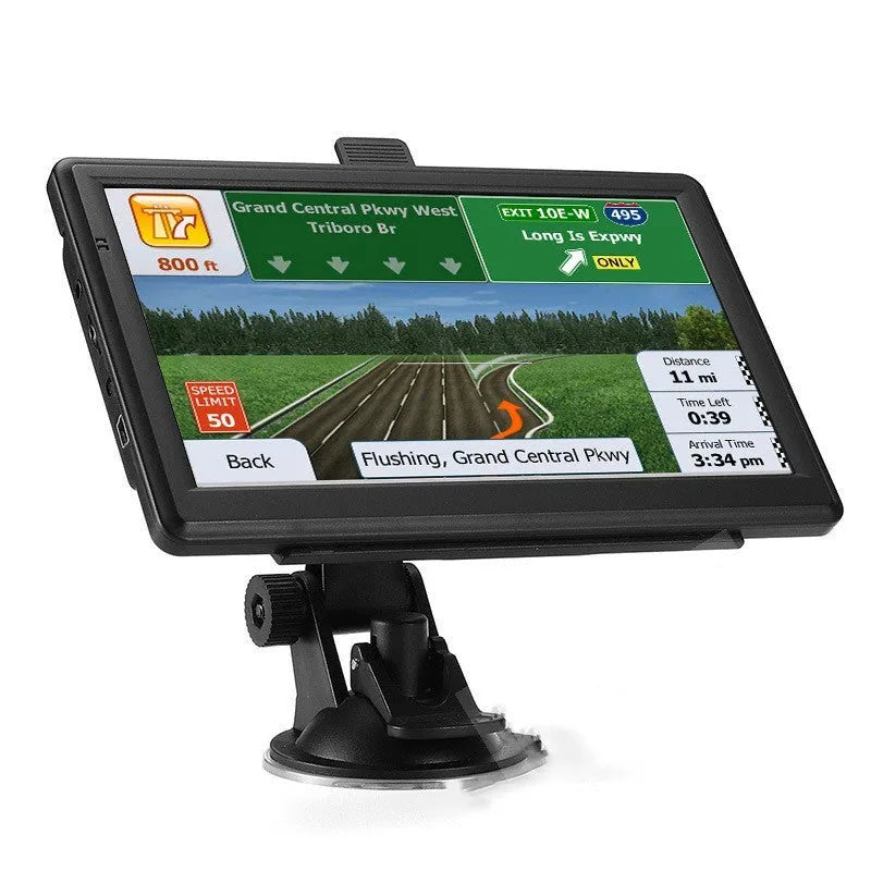 7-inch portable car GPS navigation device with touch screen showing maps, includes charger and mounting bracket
