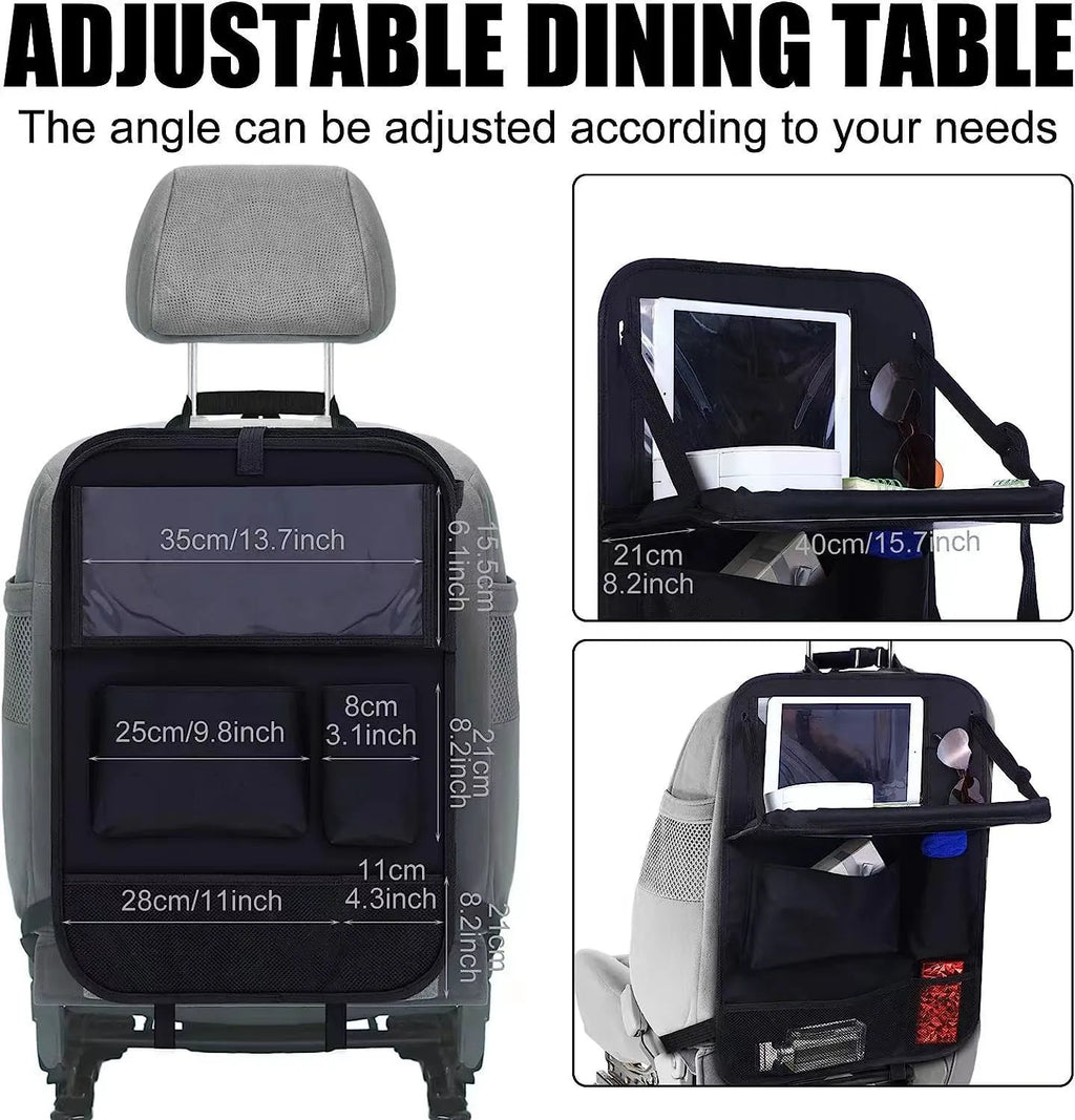 Black Oxford cloth buggy storage bag hanging from car seat back